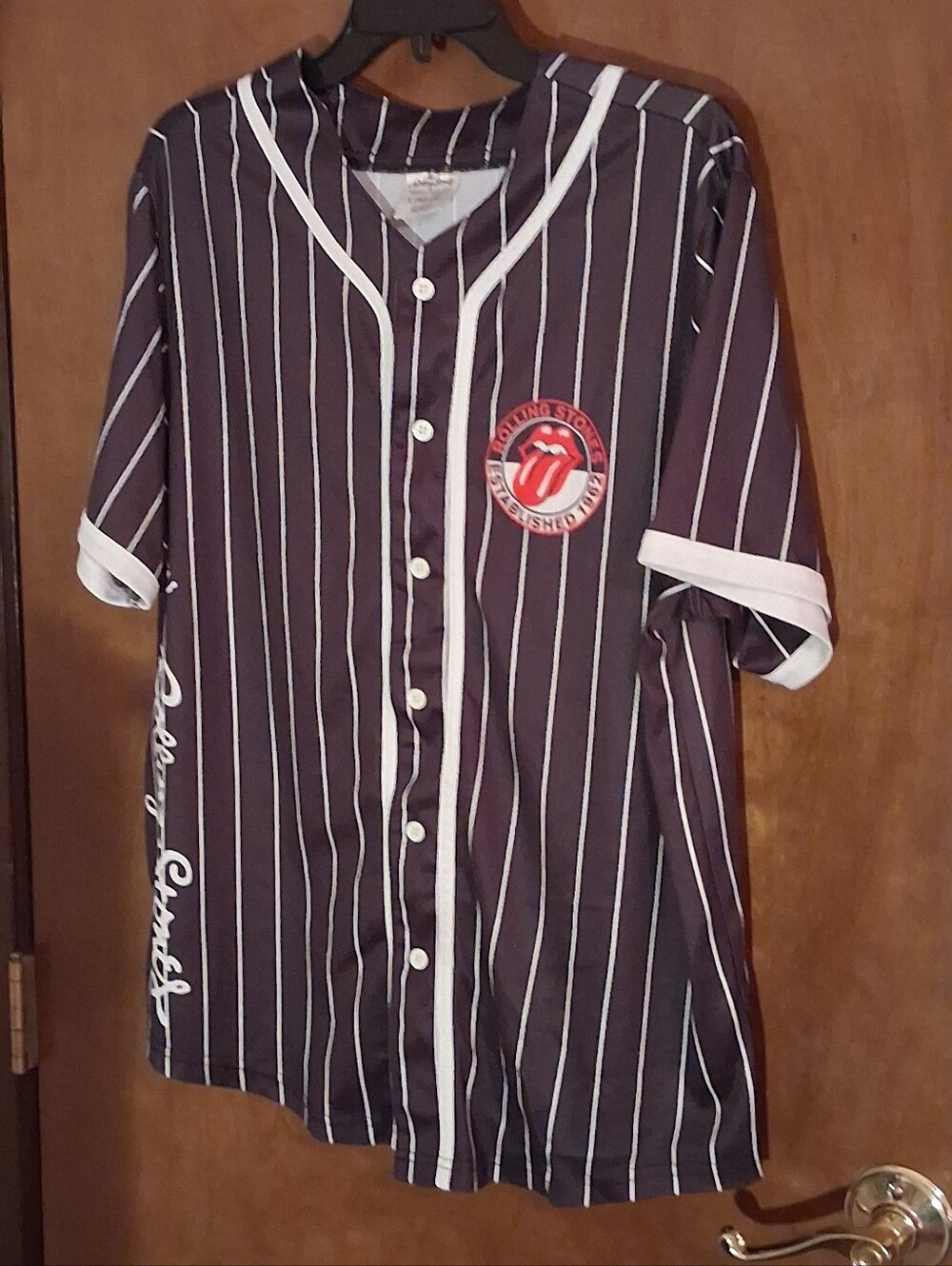 The Rolling Stones Baseball Jersey Mens L Black Pinstripe Tongue Logo Bravado